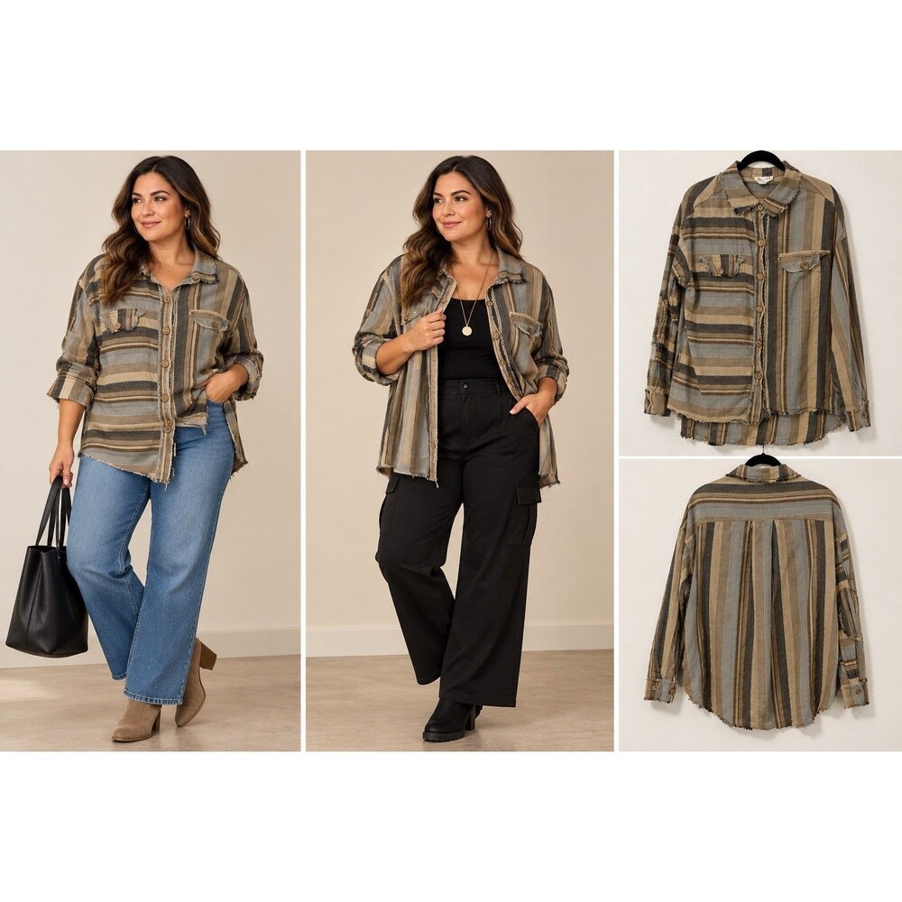 Oli & Hali Women's Oversized Patch Work Boho-Chic Fringed Hem Shirt 4-Pocket